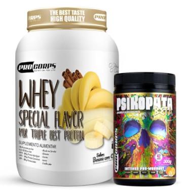 Imagem de Whey Protein 840g - 21g Proteína - Zero Açúcar + Pré Treino Psikopata Beta Tangerina 300g - Pro Corps (840g, Banana Flambada com Canela)