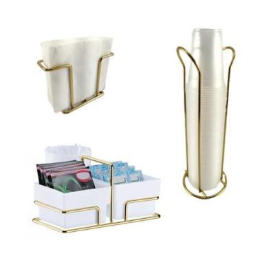 Imagem de Kit Café 3 Peças Suporte Copos 200ml Porta Sachês Guardanapos Dourado 