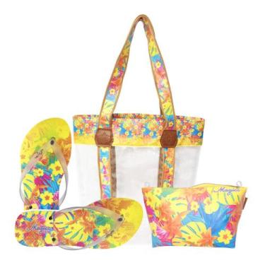 Imagem de Kit Feminino Praia Tropical Transparente Bolsa Chinelo Necessaire Magi