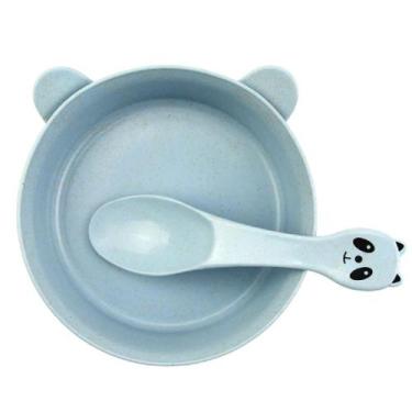 Imagem de Kit Papinha Infantil Bebês Plástico Prato + Colher Panda - Cl, Azul