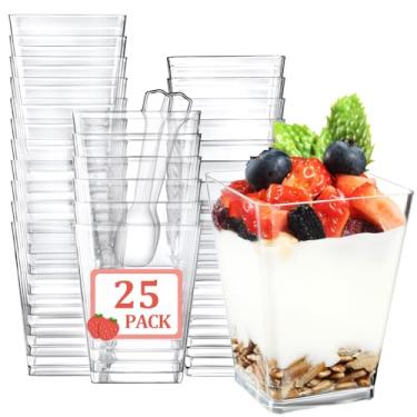 Imagem de Eupako Pacote com 25 mini copos de sobremesa de plástico de 140 g com colheres – Copos de parfait pequenos transparentes, copos quadrados para aperitivos para frutas, pudim, mousse, sorvete, festa,