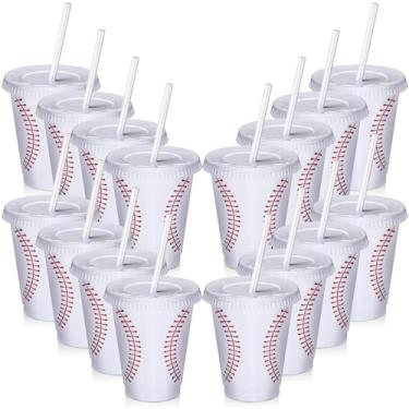 Imagem de Ziliny 12 copos de festa de beisebol com canudos e tampas copos de água de plástico de 473 ml para suprimentos de festa de aniversário, decoração de festa esportiva reutilizável para dia de jogo,