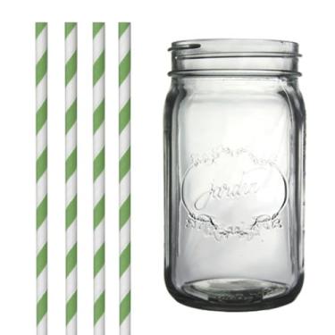 Imagem de Dress My Cupcake Pote de conserva transparente vintage com canudos listrados verde-floresta, 946 ml