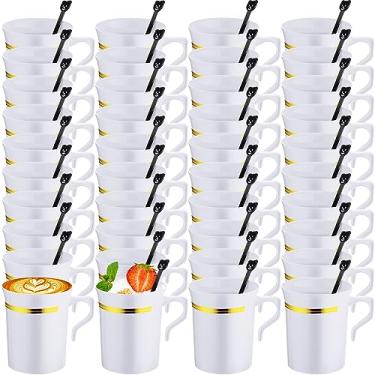 Imagem de Bokon 100 peças de xícara de café de plástico branca caneca de café a granel 227 g xícara de café descartável com alça e colher xícara de chá de plástico rígido com borda dourada caneca de café