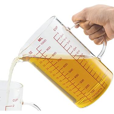 Imagem de Copo medidor de vidro com alça, três escalas (OZ, copo, ML), bico em forma de V, copo de medição para cozinha ou restaurante, fácil de ler, da TIYOORTA (1000 ml VERMELHO)