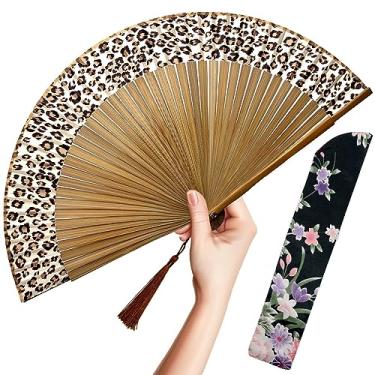 Imagem de OMyTea Leque de mão dobrável para mulheres - leque japonês chinês dobrável (bambu sexy - leopardo)