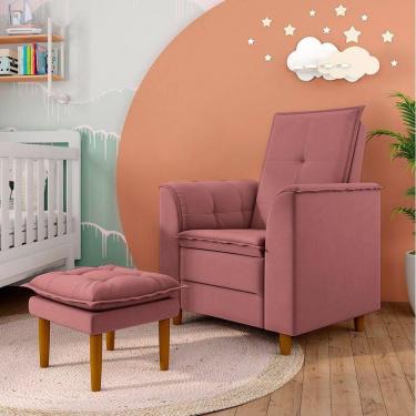 Imagem de Poltrona De Amamentação Quarto De Bebê Gracy Com Puff Pés Palito Veludo Rosa G85 - Gran Belo