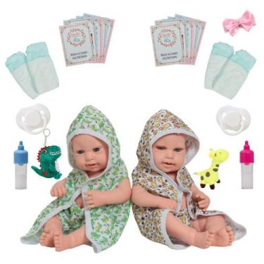 Imagem de Boneca Reborn Gêmeos Casal 1005 Vinil Pelúcia Saída de Banho - Cegonha