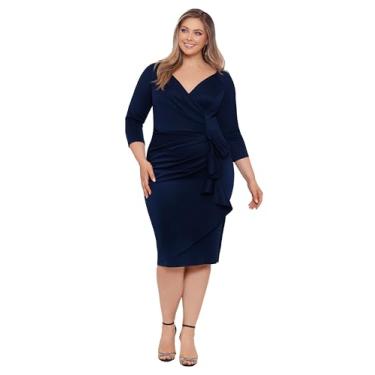 Imagem de Xscape Vestido feminino plus size midi gola V manga 3/4 franzido lateral, Meia-noite, 52