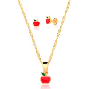 Imagem de Conjunto Infantil Banhado a Ouro 18K Colar Com Pingente e Brinco - Maçãzinha em Resina