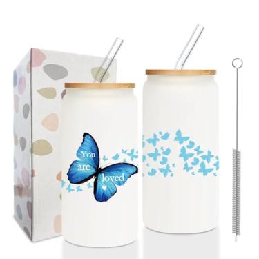 Imagem de Copo de borboleta azul fosco para mulheres, copo de borboleta "You are love" para mulheres, presentes para amantes de borboletas, presentes de aniversário para amantes de borboletas, copo de vidro de