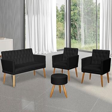 Imagem de Kit Recepção2 Poltronas 1 Namoradeira Capitone + Puff Decorativo para Sala Espera (Tecido Suede, Preto)