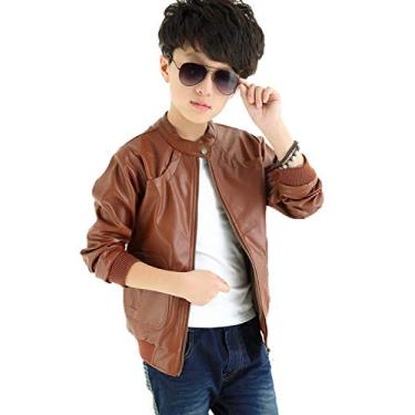 Imagem de ELUCKFACE Jaqueta masculina moderna de couro PU com gola alta, casaco de couro (3-12) T, Marrom, 3-4 Anos