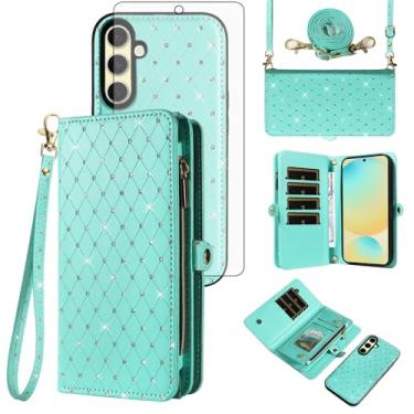 Imagem de Asuwish Capa de celular para Samsung Galaxy S24 FE 5G carteira com zíper destacável com protetor de tela de vidro temperado alça transversal com glitter flip compartimento para cartão S 24 EF S24FE