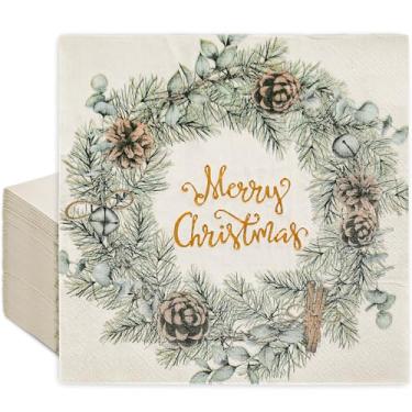 Imagem de JarThenaAMCS Guardanapo de papel de Natal, 80 peças, folha dourada, guirlanda de feliz Natal, guardanapo descartável, sobremesa, jantar, guardanapo de mão para artigos de festa de Natal, férias