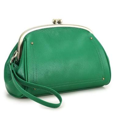 Imagem de QJK Bolsa de cosméticos para mulheres, bolsa clutch Kiss Lock de couro legítimo, bolsa noturna com fecho de beijo, carteira de pulso Vitange, Verde, Vitange