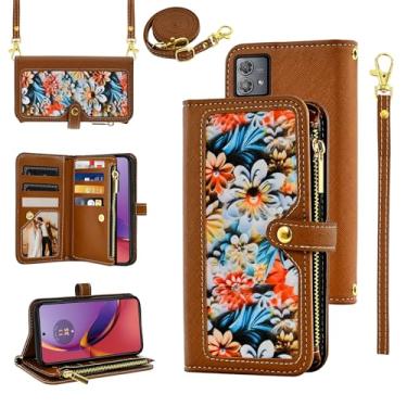 Imagem de Furiet Capa carteira floral para Motorola Moto G84 5G com alça de pulso alça de ombro flip bolsa com zíper, suporte de cartão de crédito de couro PU de luxo acessórios para celular G 84 2023 feminino