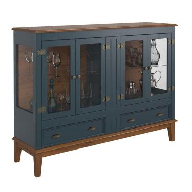 Imagem de Mini Cristaleira De Madeira Maciça 4 Portas Azul Petróleo - Fundo Amêndoa