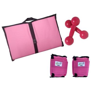 Imagem de Kit Tornozeleira 6KG Nylon Rosa + Halteres 6KG Rosa + Colchonete Dobra