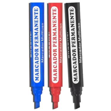Imagem de Kit Canetão Permanente Marcador 3 Cores Preto Azul Vermelho Ponta Chanfrada Para Escritório e Escola Secagem Rápida Ideal Para Plástico e Metal