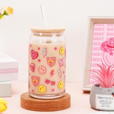 Imagem de Whaline Preppy Glass Can Face Star Lightning Lips Copos de lata de cerveja 473.6 g Preppy Boho Copos de café gelado transparente com tampas Escovas de limpeza de palha para coquetéis, uísque, cerveja,