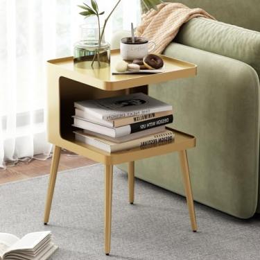 Imagem de Mesa lateral, mesa de canto moderna, mesa de cabeceira pequena de metal, mesa de cabeceira, mesa de destaque para sala de estar, quarto, escritório, espaço pequeno (ouro)