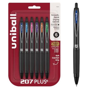 Imagem de uni-ball 207 Plus+ canetas de gel retráteis, pacote com 6 em cores sortidas com pontas de ponta média de 0,7 mm - Uni-Super Ink+ é suave, vibrante e protege contra água, desbotamento e fraude