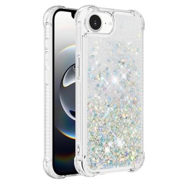 Imagem de Capa de telefone à prova de choque para iPhone 16e com glitter líquido de areia movediça e corações flutuantes, capa de TPU de camada dupla reforçada com 4 cantos, protetor de telefone seguro