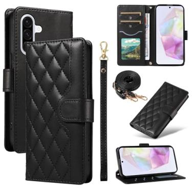 Imagem de MRRSIWEI Capa tipo carteira transversal para Samsung Galaxy A36 com porta-cartão, couro PU com alça de suporte para mulheres e meninas, capa para Samsung A56 / A36. Preto