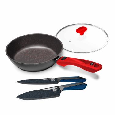 Imagem de Panelas Ultra Day by Day 24cm com Tampa de Vidro Vermelho e Kit com 2 Facas Revestimento Ichef Blue | Ichef