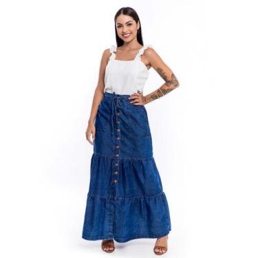 Imagem de Saia Longa Jeans Com Recortes  - Restrito Jeans, 42, Azul escuro