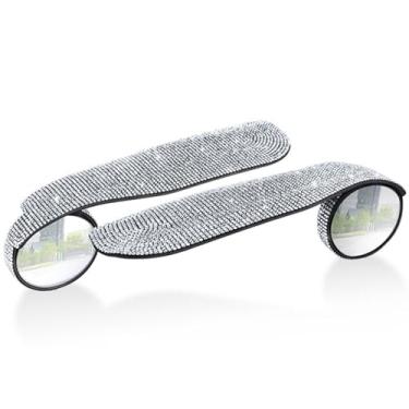 Imagem de 2 peças espelho retrovisor de sobrancelha de diamante imitação de diamante piscante para carro com proteção contra chuva visão grande angular (branco)