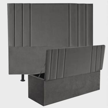 Imagem de Kit Cabeceira Estofada e Calçadeira Baú Recamier Grécia 160cm Queen Size Corino Chumbo - Ahz Móveis