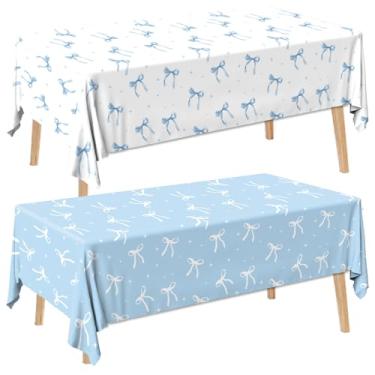 Imagem de HAKOTI 3 peças de toalha de mesa com laço azul, decoração de aniversário, tema de laço, toalha de mesa de plástico azul retangular para meninas, mulheres, despedida de solteira, chá de bebê, decoração