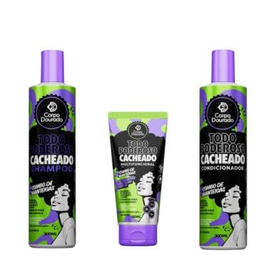 Imagem de Kit Todo Poderoso Cacheado Corpo Dourado Shampoo 300ml Condicionador 300ml Multifuncional 180ml Cachos 3A a 3C Hidratação Nutrição Definição Antifrizz Manteiga de Pistache Murumuru Karité Extrato de Avelã Óleo de Linhaça