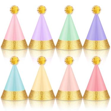 Imagem de Sonwyoung 40 mini chapéus de festa com pompons, animais de pelúcia com glitter, chapéu de cone para festa de animais de estimação de pelúcia (cor macaron, 5 x 7 cm)