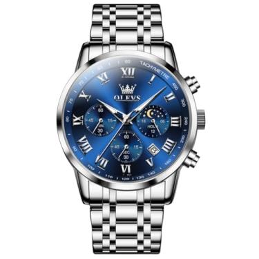Imagem de OLEVS Relógio masculino de luxo, analógico, quartzo, à prova d'água, luminoso, aço inoxidável, data, dois tons, casual, relógio de pulso masculino, G5529-prata-azul, round, Relógio de luxo