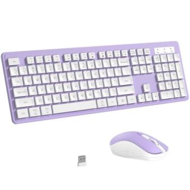 Imagem de Teclado e mouse sem fio, combo de teclado sem fio de 2,4 GHz, mouse óptico, receptor USB Plug and Play, compatível com Windows, Mac, laptop e PC (branco e roxo)