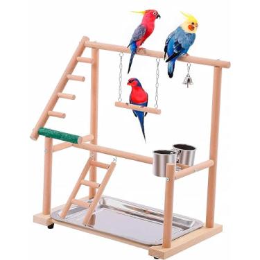 Imagem de Parquinho infantil de periquito - Parquinho infantil de madeira natural para periquito: inclui poleiro de pedra-pomes, escada, balanço, sino e copos de sementes - academia interativa para pássaros