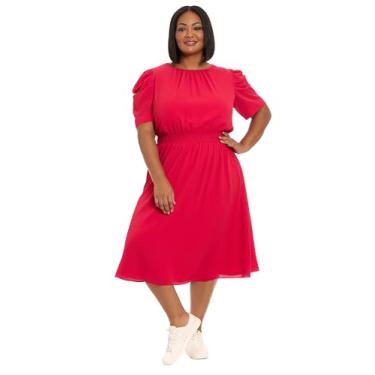 Imagem de London Times Vestido midi feminino franzido, plissado, manga franzida, cintura elástica, Vermelho rosa, 48