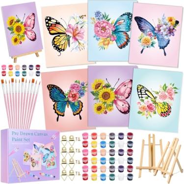 Imagem de Engrowtic Conjunto de 6 pacotes de pintura e sip conjunto de tela pré-desenhada para adultos 20 x 25 cm kits de pintura em tela floral borboleta com cavalete e pincéis para adultos faça você mesmo