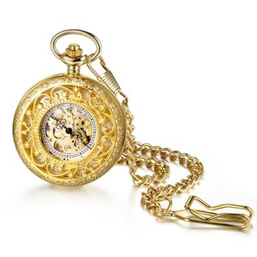 Imagem de JewelryWe Relógio de bolso mecânico dourado: Relógio de bolso mecânico de mão analógico retrô masculino e feminino esculpido em vidro, C, relógio de bolso mecânico