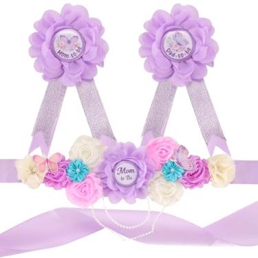 Imagem de Conjunto de faixa de maternidade e corsage Mom to Be Daddy to Be Corsage Pin Flores chá de bebê Lembrança Faixa Suprimentos Gênero Revelar Decorações Gravidez Fotografia Adereços, Tecido requintado