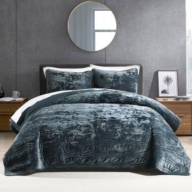 Imagem de AJOCCI Conjunto de edredom king size azul de veludo, cama de luxo, colcha king de pelúcia macia, lavável na máquina, 3 peças, azul tempestuoso