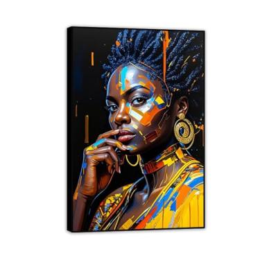 Imagem de Arte de parede afro-americana, feminina, imagem emoldurada, impressão em tela, pôster de pintura artística de mulher negra, decoração de casa de banho, quarto, 90 x 60 cm (36 x 24 pol), moldura preta