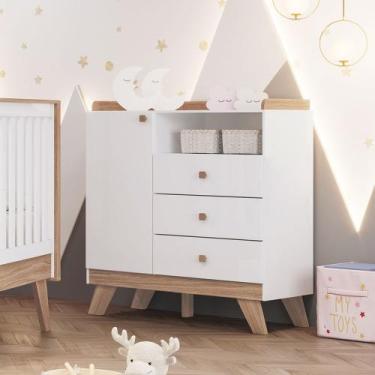 Imagem de Cômoda 3 Gavetas 1 Porta Confete Henn - Branco/Jequitibá HP