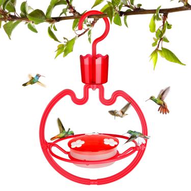 Imagem de ORIENTOOLS Alimentadores de beija-flor de plástico 100 ml - alimentadores de pássaros para pendurar ao ar livre com fosso de formiga - Alimentador de pássaros selvagens com 3 portas de alimentação penduradas para jardim quintal, vermelho