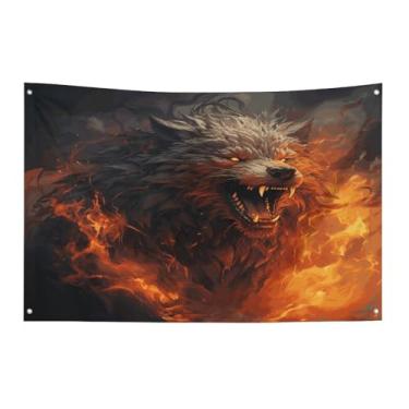 Imagem de Bandeira com quatro furos bandeiras para todos os climas lobo selvagem no fogo impresso bandeira decorativa bandeiras de poliéster adequadas para uso interno e externo 89 x 159 polegadas