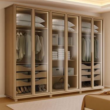 Imagem de Guarda-roupa Casal 6 Portas De Vidro Solaris Amêndoa Clean