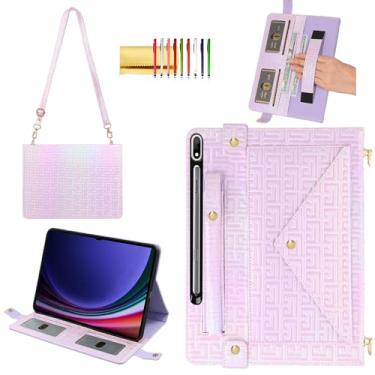 Imagem de Capa brilhante para Samsung Galaxy Tab S7/S8/S9/S9 FE/S10 FE 27.7 cm 27.9 cm, bolsa carteira iridescente Techcircle com suporte para caneta + compartimentos para cartões + alça de mão + alça de ombro